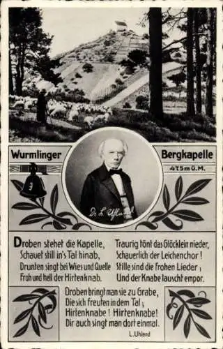 Ak Rottenburg am Neckarm, Wurmlinger Bergkapelle, Schäfer, Herde, Gedicht u. Portrait von L. Uhland