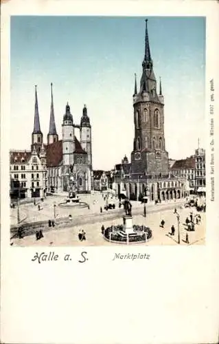 Ak Halle an der Saale, Marktplatz, Denkmäler, Gleise, Kirche