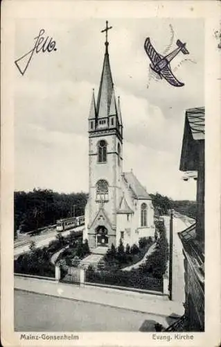 Ak Gonsenheim Mainz Rheinland Pfalz, Ev. Kirche, Straßenbahn