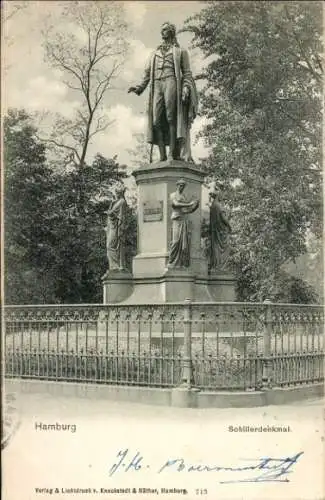 Ak Hamburg Altona, Schillerdenkmal, Statuen von Schiller, zwei Frauen und einem Mann