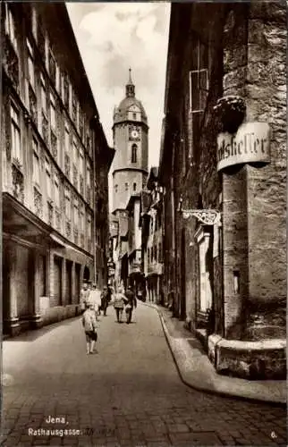 Ak Jena in Thüringen, Blick in die Rathausgasse, Uhrenturm, Ratskeller