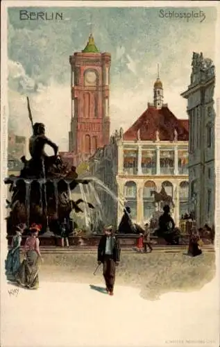 Künstler Litho Kley, Heinrich, Berlin Mitte, Schlossplatz, Neptunbrunnen, Rathaus