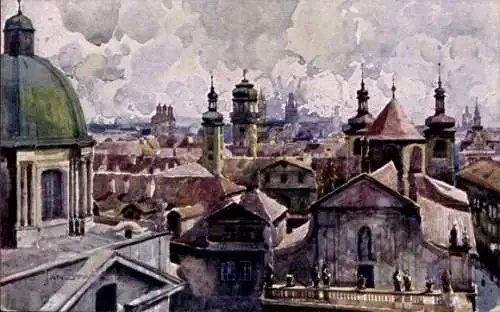 Künstler Ak Praha Prag, vue pris du Tour du Pont, vue de la ville