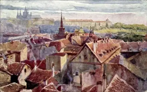 Ak Praha Prag Tschechien, Hradčany Hradschin, Blick auf die Dächer der Prager Altstadt mit Bli...