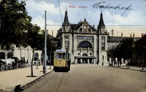 Ak Pécs Fünfkirchen Ungarn, Indóház, Straßenbahn