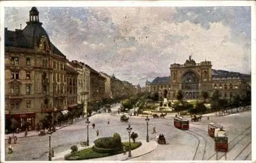 Ak Budapest Ungarn, Ostbahnhof und Barossplatz, Straßenbahnen