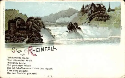 Ak Rheinfall Kanton Schaffhausen,  Brücke über den Rhein, Wasserfall, grüne Landschaft, Gebäud...