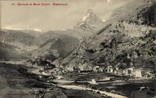 Ak Zermatt Kanton Wallis Schweiz, Berglandschaft, Matterhorn,  Talblick, Keine Menschen sichtbar