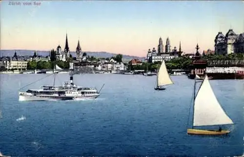 Ak Zürich Stadt Schweiz, Teilansicht mit See, Dampfer, Segelboote