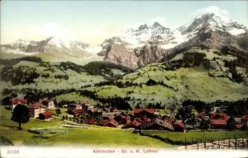 Ak Adelboden Kanton Bern Schweiz, Kleines Dorf, Weite Wiesen, Schneeberge,  Großer Lohner, Kle...