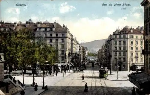 Ak Genève Genf Stadt, Blick in die Rue du Mont Blanc, Straßenbahn, Passanten