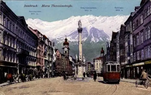 Ak Innsbruck Tirol Österreich, Maria Theresienstraße, Annasäule, Straßenbahn, Seegrubenspitze