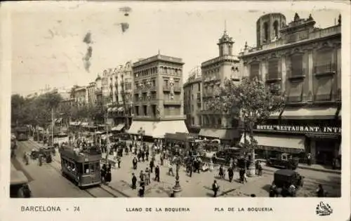 Ak Barcelona Katalonien Spanien, Llano de la Boqueria, Straßenbahn, Hotel