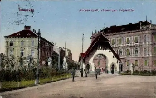 Ak Timișoara Temesvár Temeswar Rumänien, Andrássy-út, Eingang zum Stadtpark