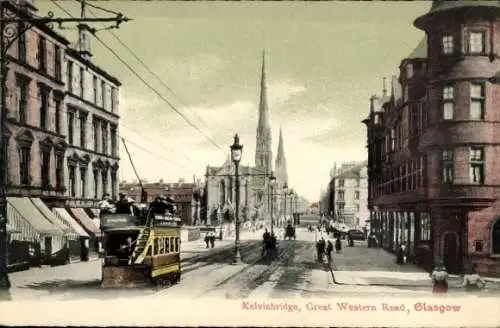 Ak Glasgow Schottland, Kelvinbridge, Great Western Road, Straßenbahn, Kirche