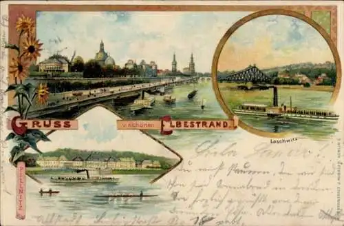 Litho Dresden Altstadt, Gruss vom Elbestrand, Loschwitz, Pillnitz, Panorama, Brücken