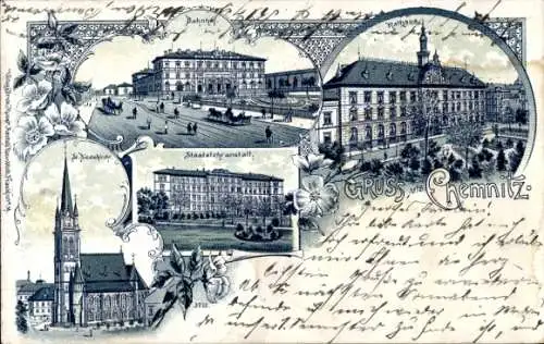 Litho Chemnitz Sachsen, Staatslehranstalt, Bahnhof, Nikolaikirche