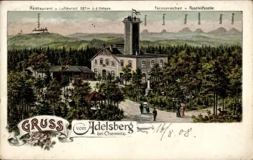 Litho Adelsberg Chemnitz in Sachsen, Aussichtsturm, Höhenrestaurant