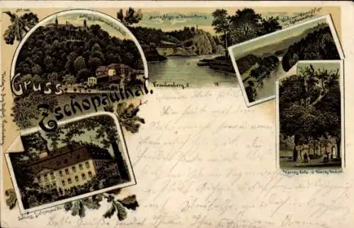 Litho Lichtenwalde Niederwiesa Sachsen, Schloss, Harras Eiche, Denkmal