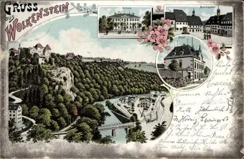 Litho Wolkenstein im Erzgebirge, Marktplatz, Schule, Postamt