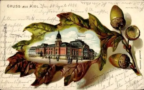 Präge Eichblatt Litho Kiel, Blick auf den Bahnhof