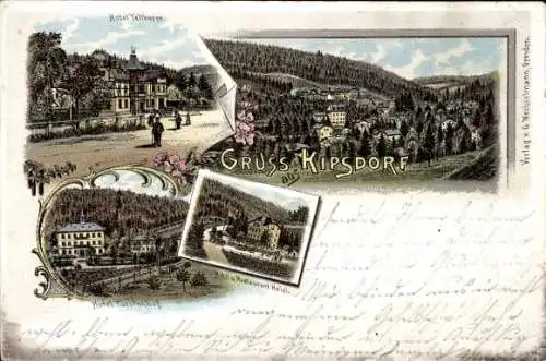 Litho Kipsdorf Altenberg im Erzgebirge, Gesamtansicht, Hotel Fürstenhof, Hotel Restaurant Halali