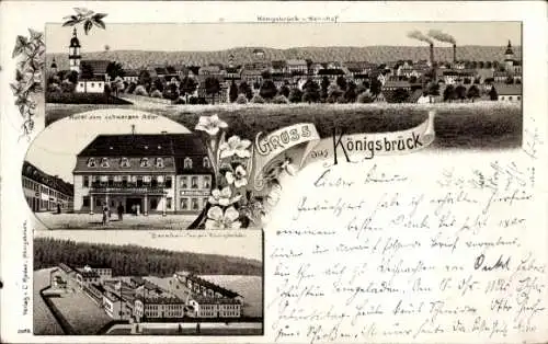 Litho Königsbrück in der Oberlausitz, Totalansicht vom Ort, Hotel z. schwarzen Adler, Kaserne