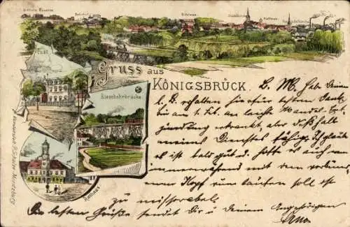 Litho Königsbrück in der Oberlausitz, Panorama, Eisenbahnbrücke, Rathaus, Post