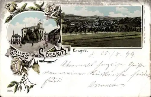 Litho Lößnitz Lössnitz im Erzgebirge, Rose, Blick auf den Ort