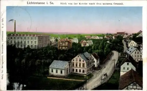 Ak Lichtentanne Sachsen, Blick von der Kirche, unterer Ortsteil, Fabrikgebäude, Wohnhäuser