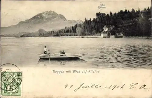 Ak Meggen Kanton Luzern, Blick auf Pilatus, Seeansicht, Menschen in Boot, Berg, Villa Epbrussi