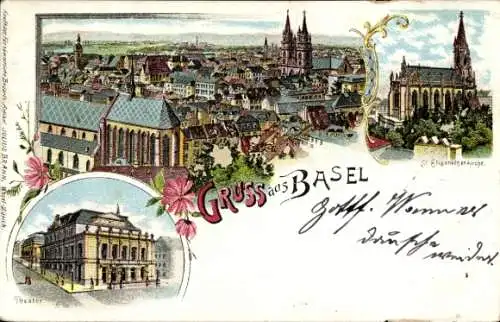 Litho Basel Bâle Stadt Schweiz, Kaufhaus, Theater, St. Elisabethenkirche