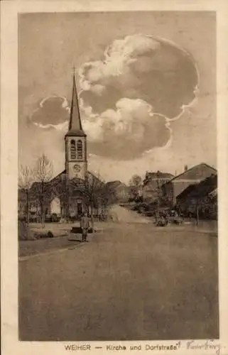 Ak Weiher Mörlenbach im Odenwald Hessen, Kirche, Dorfstraße