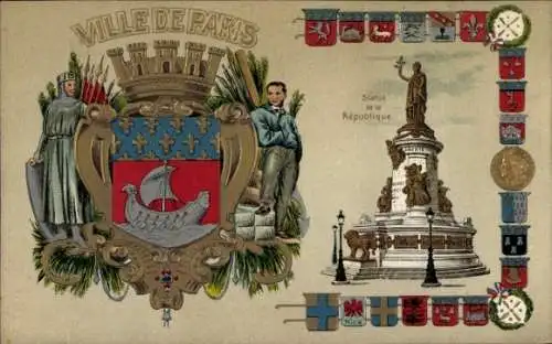 Präge Wappen Litho Paris III., Ville de Paris, Statue de la Republique