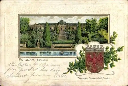 Präge Wappen Litho Potsdam in Brandenburg, Sanssouci, Partie im Schlosspark