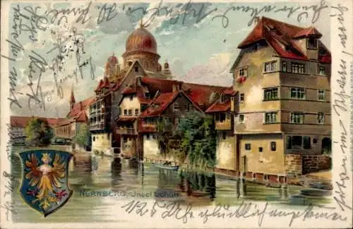 Präge Wappen Litho Nürnberg, Insel Schütt, Synagoge