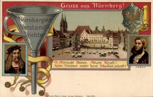 Präge Wappen Passepartout Litho Nürnberg, Verstandstrichter, Albrecht Dürer, Adam Kraft