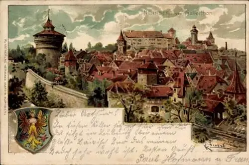 Präge Künstler Litho Nürnberg in Mittelfranken, Stadtblick vom Hallertor aus, Wappen