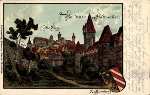 Präge Künstler Ak Nürnberg Bayern, Die innere Stadtmauer, Die Burg, Wappen