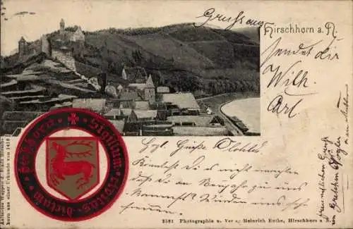 Präge Wappen Ak Hirschhorn Neckar Hessen, Sigillum civitas dirtum, Panorama von der Ortschaft,Siegel