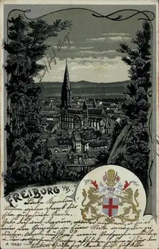 Präge Passepartout Litho Freiburg im Breisgau, Durchblick zur Stadt, Wappen