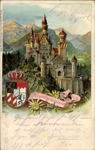 Präge Wappen Litho Schwangau im schwäbischen Kreis Ostallgäu, Schloss Neuschwanstein