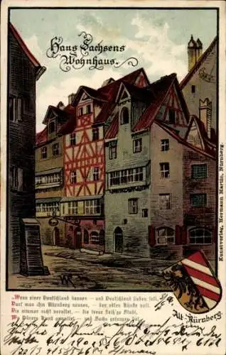 Künstler Ak Nürnberg in Mittelfranken, Hans Sachsens Wohnhaus, Wappen