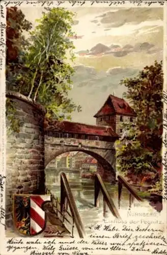 Präge Wappen Künstler Litho Zinn, Nürnberg in Mittelfranken Bayern, Einfluss der Pegnitz