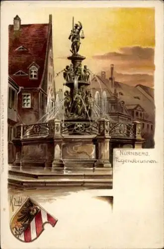 Künstler Litho Nürnberg in Mittelfranken, Tugendbrunnen, Wappen