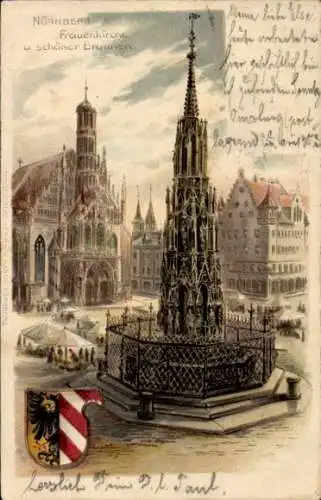 Präge Wappen Litho Nürnberg in Mittelfranken, Frauenkirche und schöner Brunnen