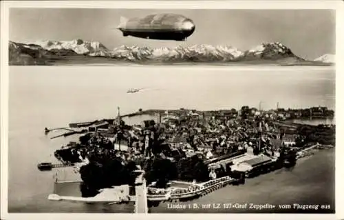 Ak Lindau am Bodensee Schwaben, LZ 127 Graf Zeppelin, Fliegeraufnahme