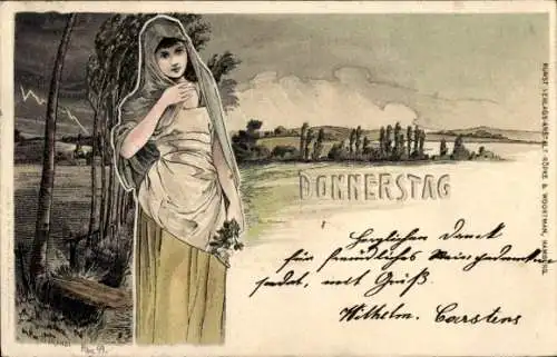 Künstler Litho Donnerstag, Allegorie, Frau, Gewitter