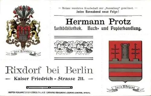 Wappen Ak Berlin Neukölln Rixdorf, Werbung, Hermann Protz, Leihbibliothek, Buchhandel