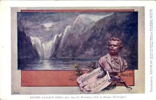 Künstler Ak  Komponist Edvard Grieg, Porträt, Noten, Fjord